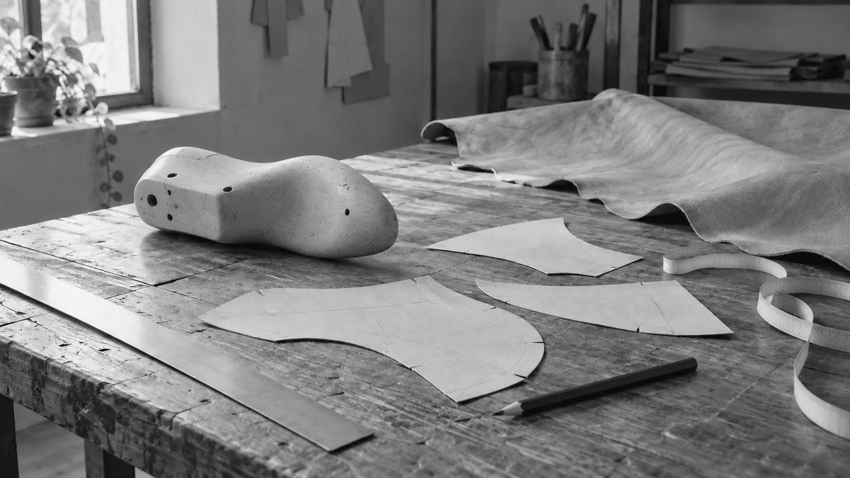 Black-and-white photograph of a pattern-maker's table in a footwear studio: a wooden shoe last, cut paper pattern pieces, a steel ruler, a pencil, a tape measure and a leather hide in soft window light.