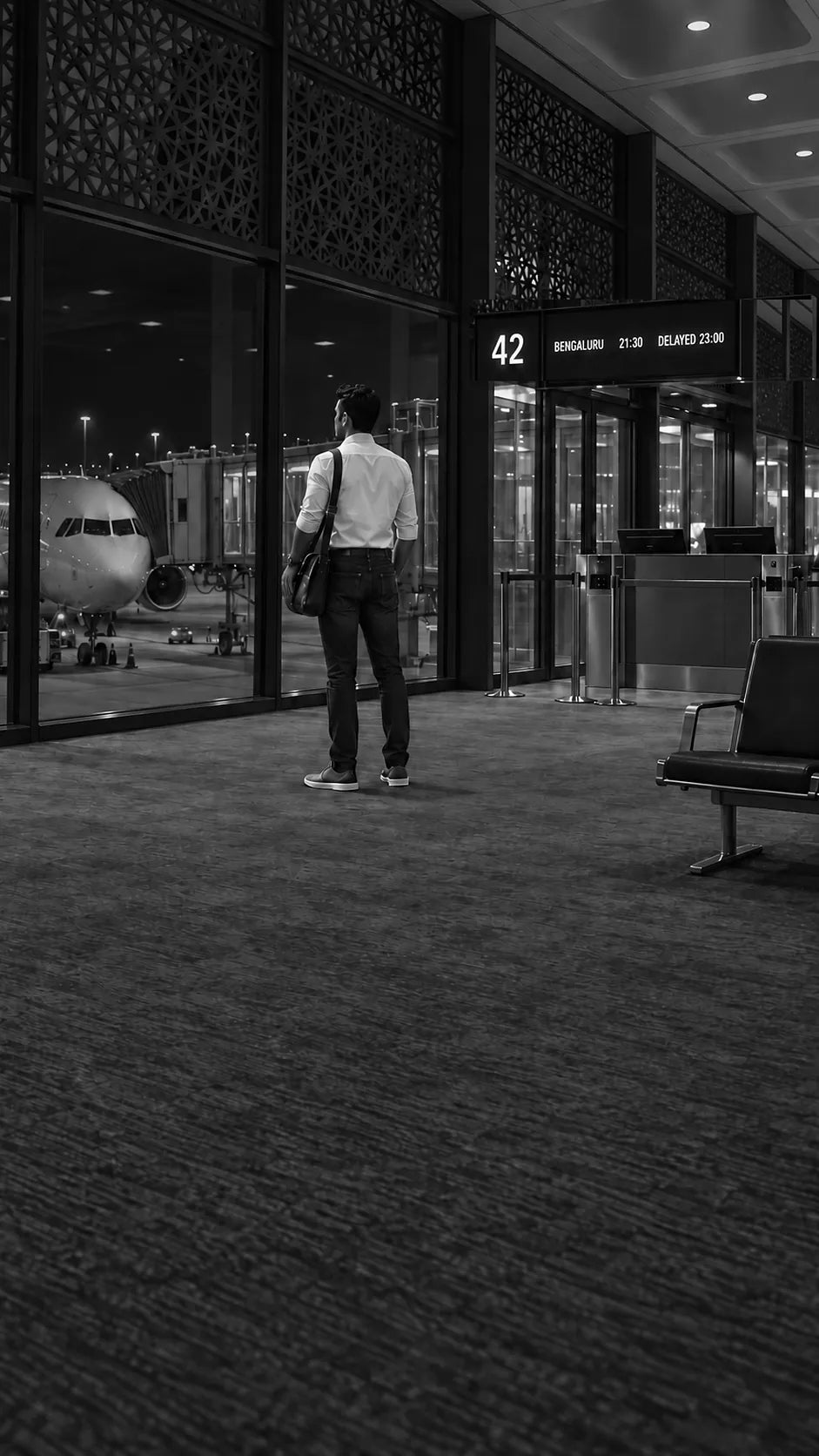 Mumbai airport boarding gate at night, jali screens over the glass, a single figure in three-quarter back watching his aircraft, the gate board reading Bengaluru 21:30, delayed 23:00